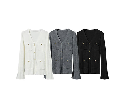 Damen-Strickjacke V-Ausschnitt einfarbig gerade Langarm vielseitig Herbst
