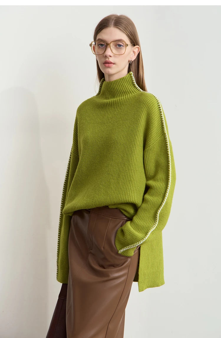 Damen-Rollkragenpullover Wolle Stickerei locker Weihnachten Winter