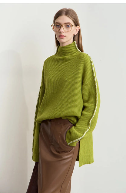 Damen-Rollkragenpullover Wolle Stickerei locker Weihnachten Winter