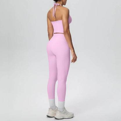 Rosa Damen-Yogaset: Tanktop mit Rückenschnürung und Capri-Leggings