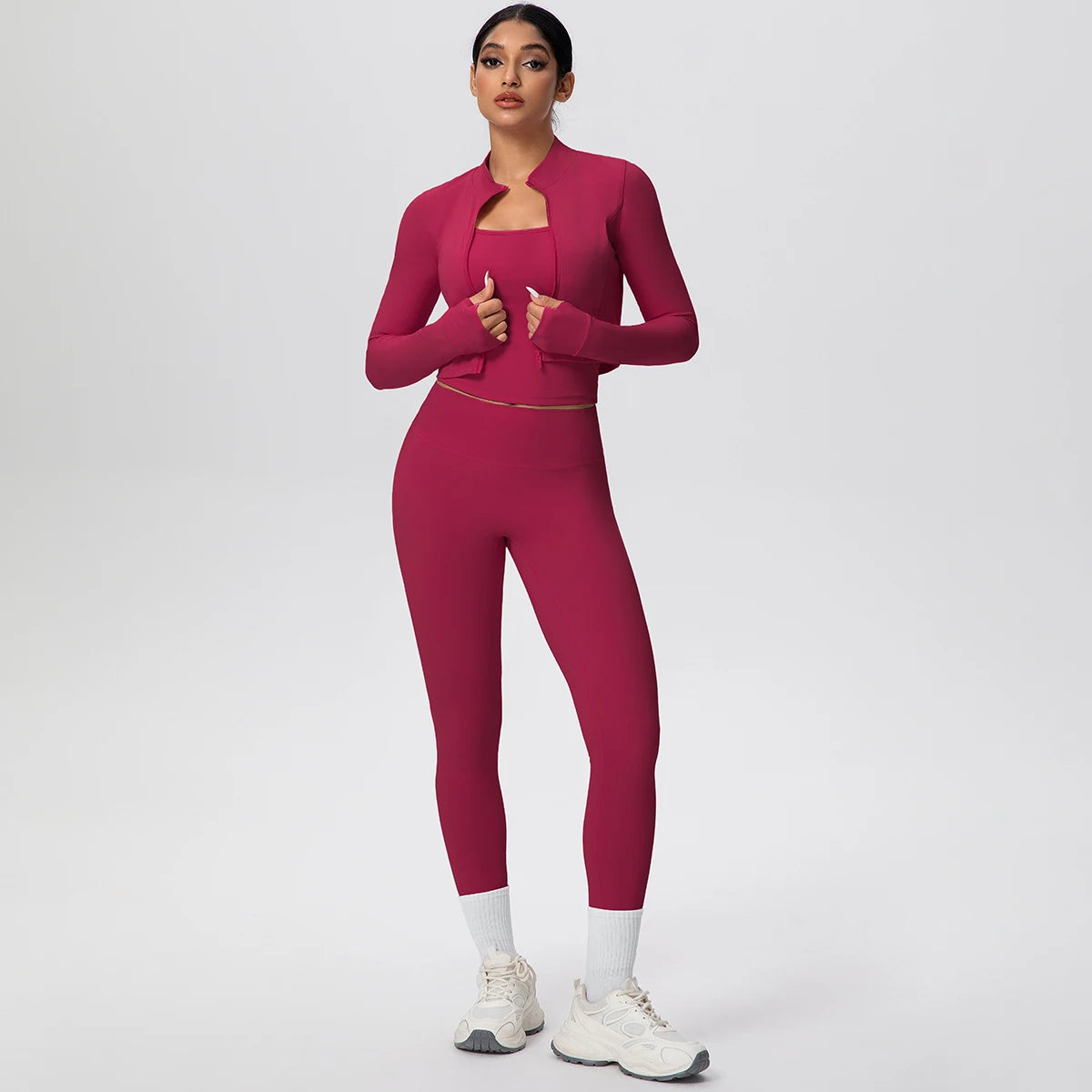 3-teiliges Yoga-Set für Damen (Beerenrot): kurze Jacke und hoch sitzende Leggings