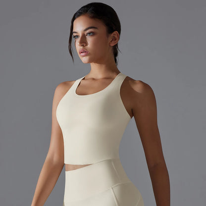 Nahtloses Yoga-Top für Damen mit schmalem Bund und Rundhalsausschnitt, helles Ivory