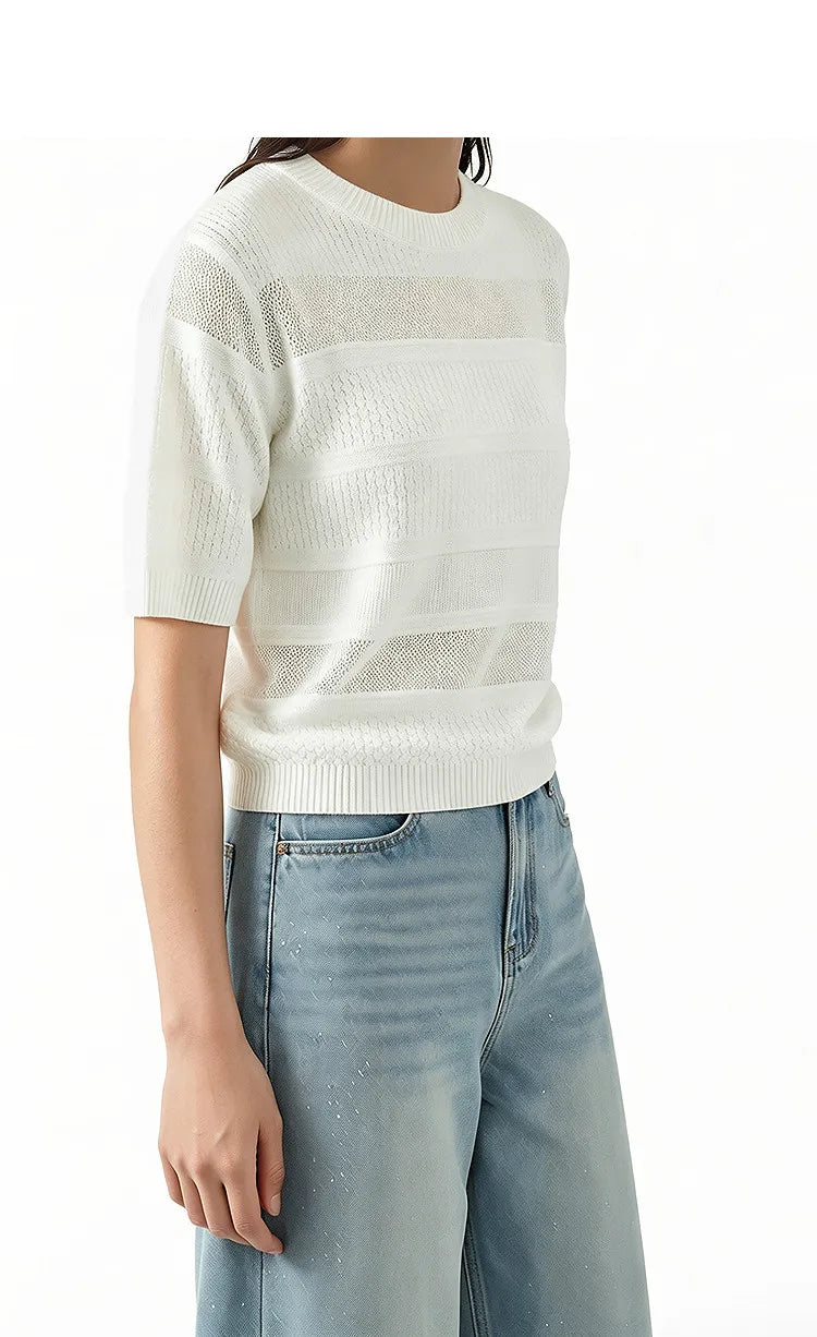 Damen-Rundhalspullover Kurzarm Crop Viskose locker Sommer