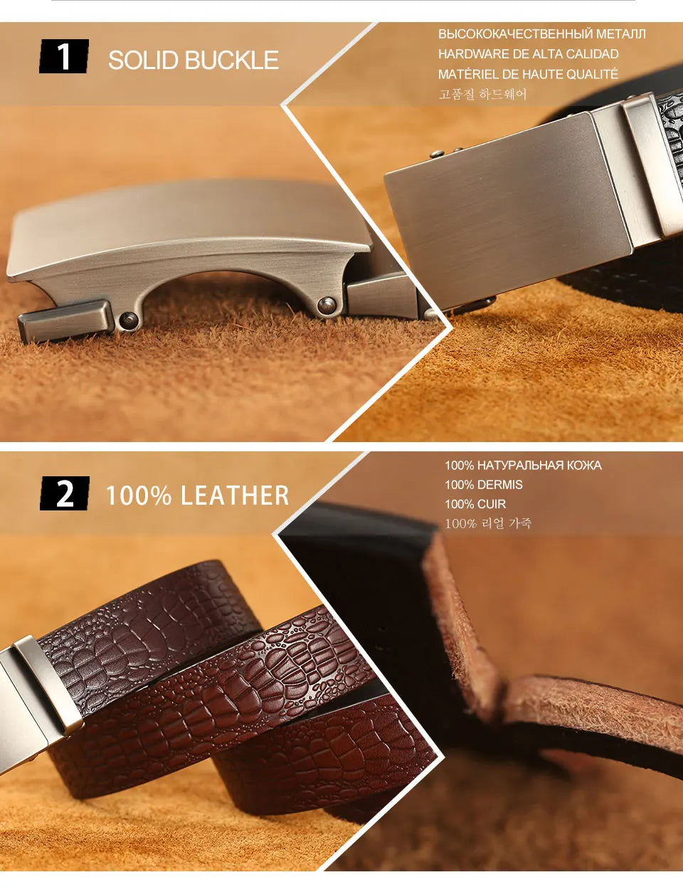 Herren Echtleder-Gürtel Krokodilmuster 3,5 cm Automatik-Schnalle Luxus Rindsleder