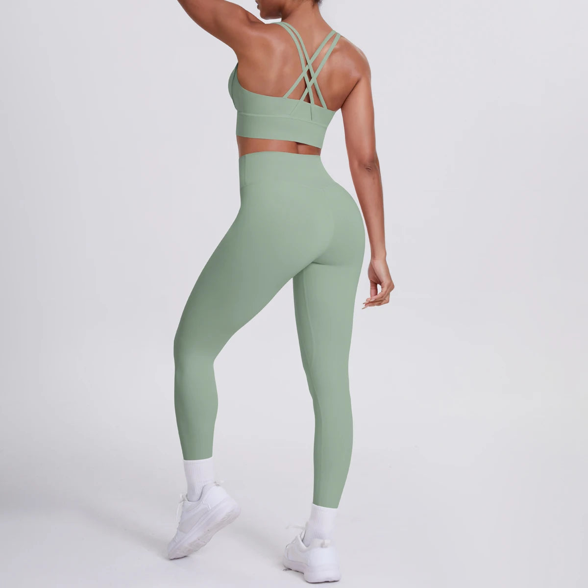 Fitness-Set Hellgrün: gepolsterter Sport-BH, High-Waist-Leggings mit Kontrastband