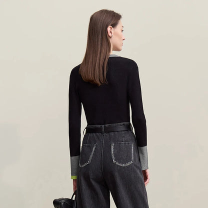 Damen-Rundhalspullover Kontrastfarben Knopfleiste Slim Lyocell Frühling