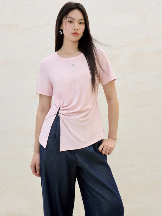 Langarm-Bluse aus 100% Baumwolle in Rosa mit Polokragen und Fake-Two-Design – ideal für den Frühling