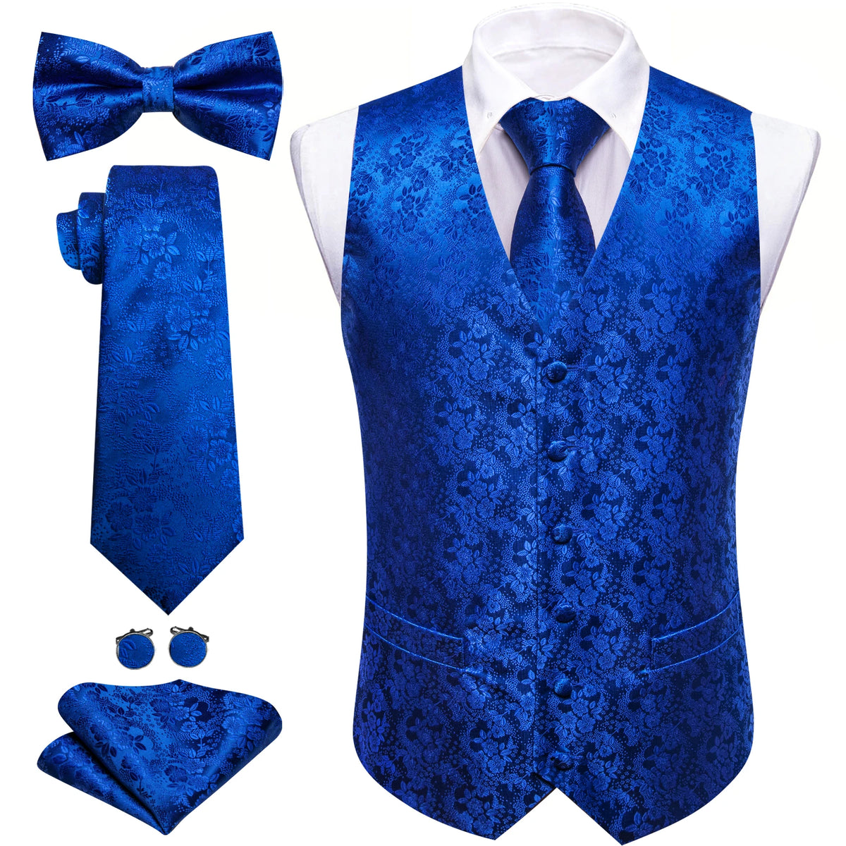 5-teiliges Business-Set: Anzugweste mit Paisley in Blau, dazu Krawatte, Fliege & Manschettenknöpfe.