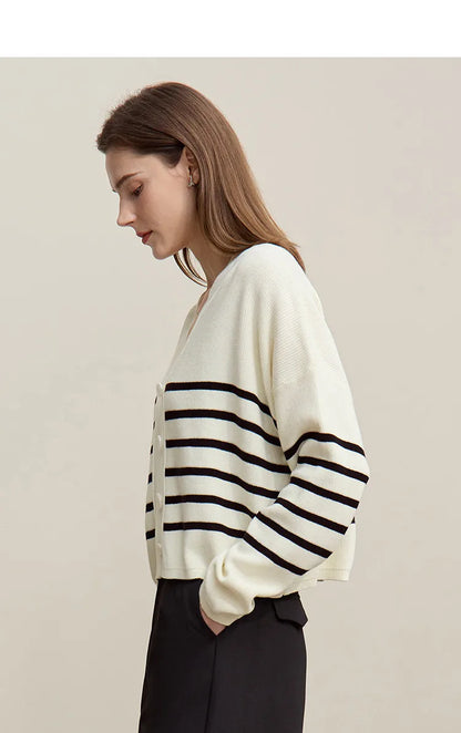 Damen-Strickjacke Baumwolle V-Ausschnitt Kontraststreifen kurz Raglan Frühling
