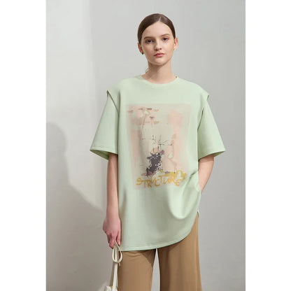 Damen T-Shirt im minimalistischen Stil mit lässigem O-Ausschnitt und Kunstdruck