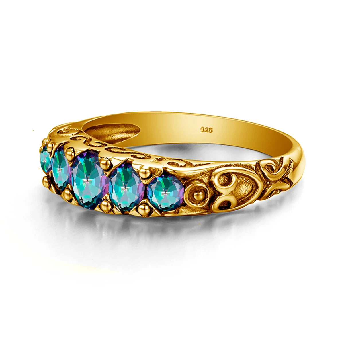 Damen-Ring aus Silber 925 mit Regenbogen-Topas Fünfstein-Design Gewölbter Bund Hochwertiges Geschenk