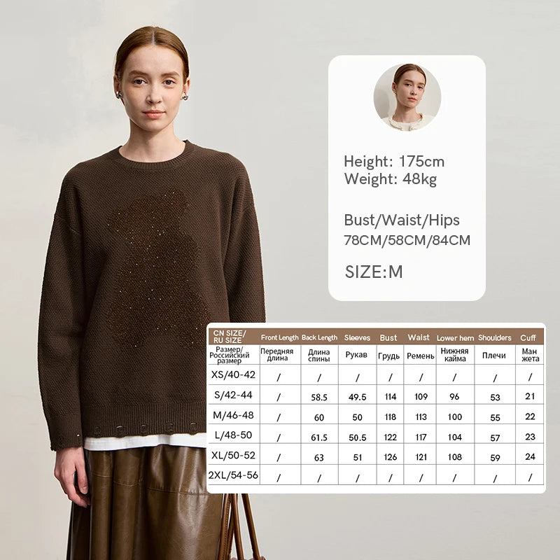 Damen-Rundhalspullover Jacquard Aushöhlung Perlenstickerei locker Winter