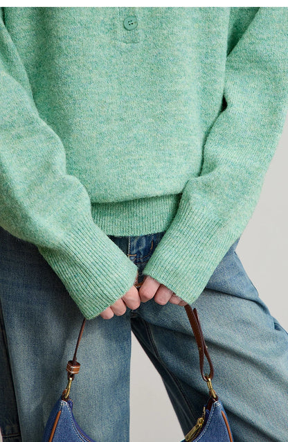 Damenpullover mit Rundhalsausschnitt, einfarbig grün, lange Ärmel, Rippbündchen und Knöpfe