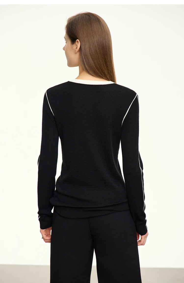 Damen-Rundhalspullover Patchwork Slim Wolle-Mix Herbst-Winter