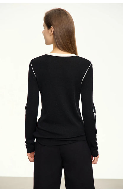 Damen-Rundhalspullover Patchwork Slim Wolle-Mix Herbst-Winter