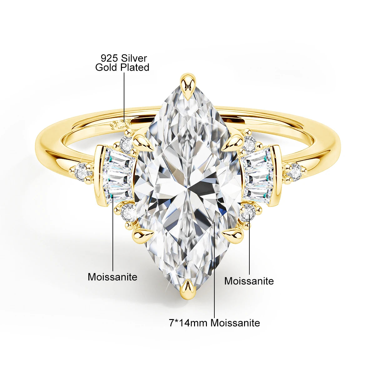 Damen-Verlobungsring aus Moissanit mit GRA Zertifikat, Marquise-Schliff, 3 Karat, 7x14 mm