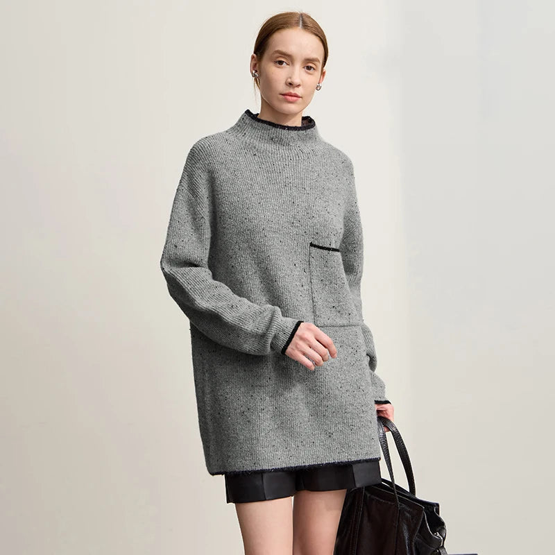 Damen-Rollkragenpullover Wolle dick locker lang Winter
