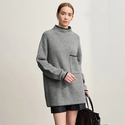 Damen-Rollkragenpullover Wolle dick locker lang Winter