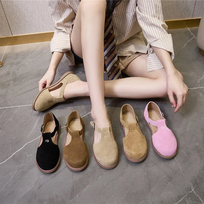 Flache Ledersandalen mit Riemen und Schnalle, mehrere Farben: Schwarz, Braun, Khaki, Rosa