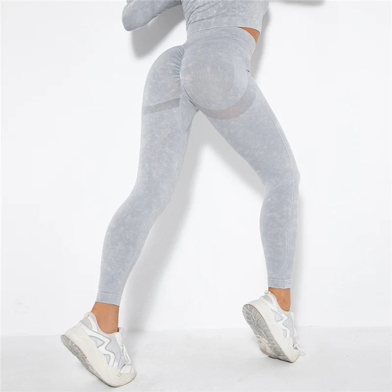 Nahtlose Yoga-Leggings mit hoher Taille, hellgrau gemustert, schmal, 7/8-Länge