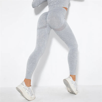 Nahtlose Yoga-Leggings mit hoher Taille, hellgrau gemustert, schmal, 7/8-Länge