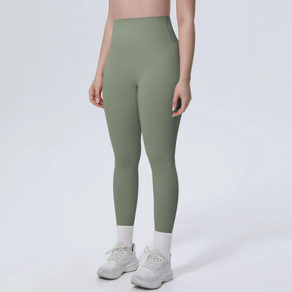 High-Waist-Yogaleggings olivgrün, Vorderansicht, figurbetontes, bequemes Bein