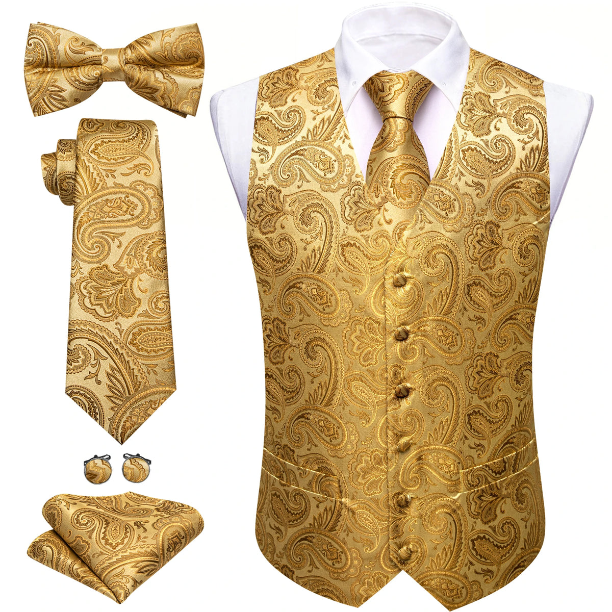 5-teiliges Business-Set: Anzugweste mit Paisley in Gold, dazu Krawatte, Fliege & Einstecktuch.