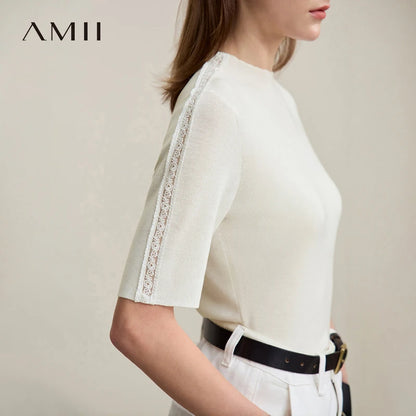 AMII Damenpullover, offweiß, Kurzarm, Hohlmuster-Spitze am Ärmel, Slim-Fit