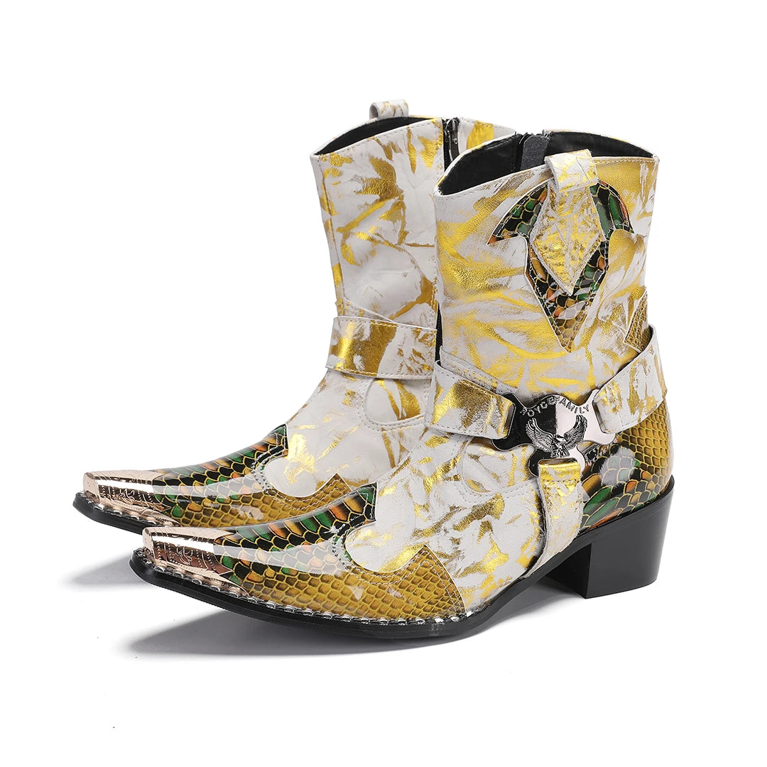 Herren-Stiefelette mit spitzer Kappe, gold-weiße Metallic-Optik und seitlicher Reißverschlusslasche