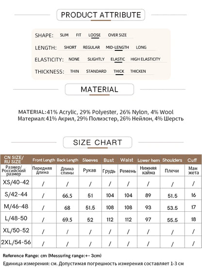 Produktdaten und Größentabelle mit Material- und Maßangaben für Damenpullover.
