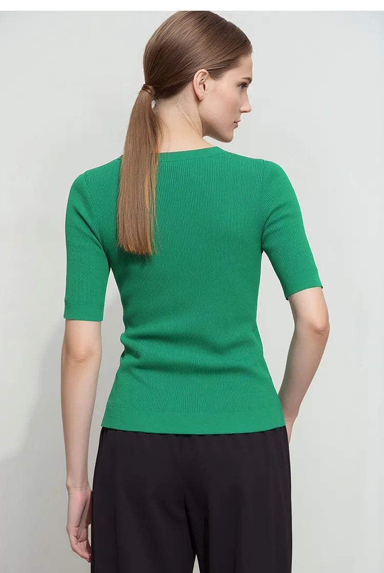 Damen V-Ausschnitt Pullover Viskose Halbarm Slim Büro Sommer