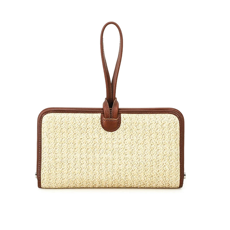 Geflochtene Handytasche beige mit braunem Handgelenksriemen und Lederumrandung