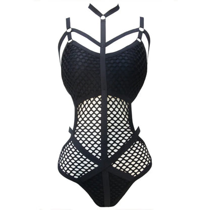 Damen Badeanzug Fischnetz Mesh schwarz Monokini Einteiler Strandmode