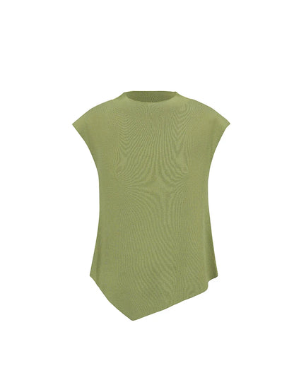 Damen-Stricktop mit Rollkragen, kurzarm, asymmetrischer Saum, grün