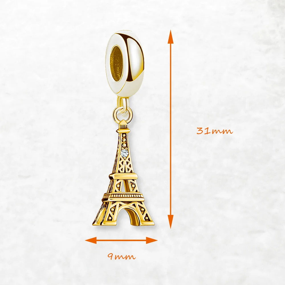 Vergoldeter Eiffelturm-Charm-Anhänger (31×9 mm) aus 925er Sterlingsilber