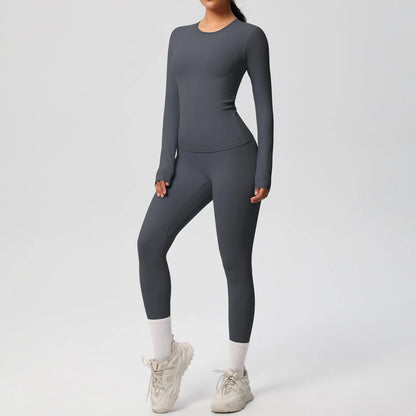 Gym-Leggings-Set mit langarmigem Sport-Top und schmalen Leggings in Graphitgrau