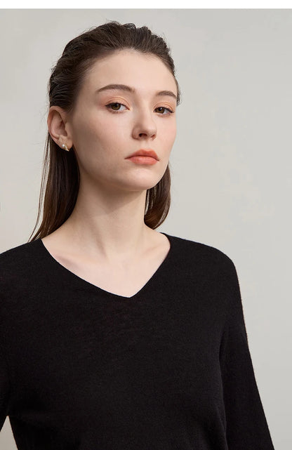 Damen V-Ausschnitt Pullover 100 % Wolle Basic Herbst-Winter