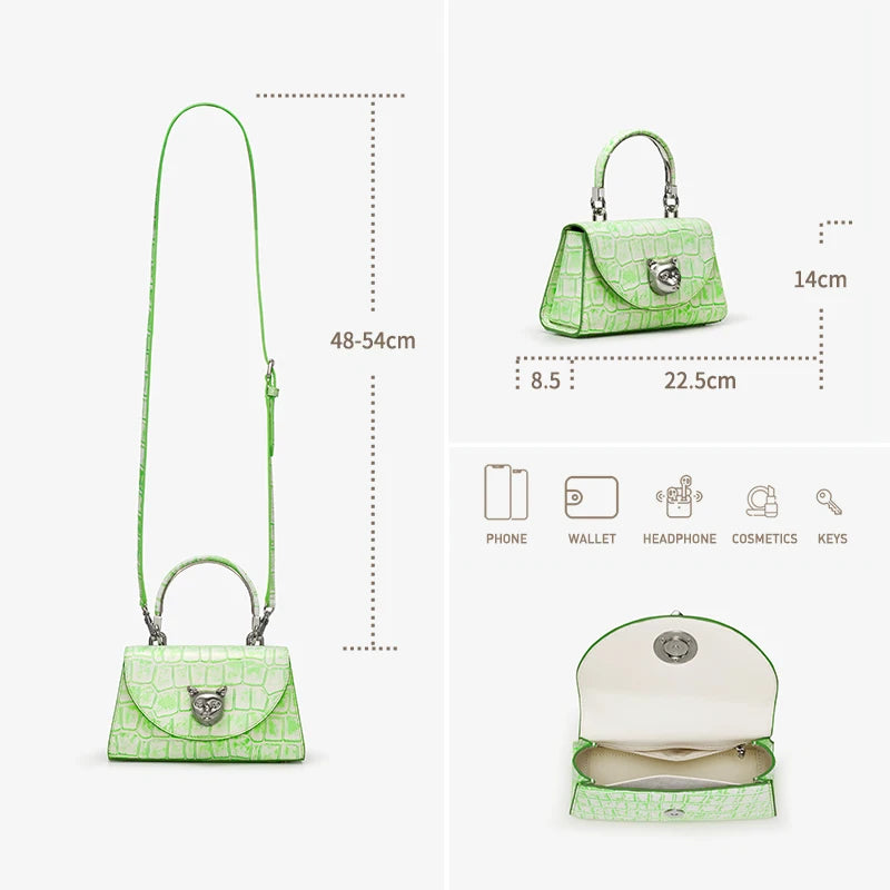 Damenhandtasche aus echtem Leder mit Krokoprägung, grün, Maße und Fächer-Icons