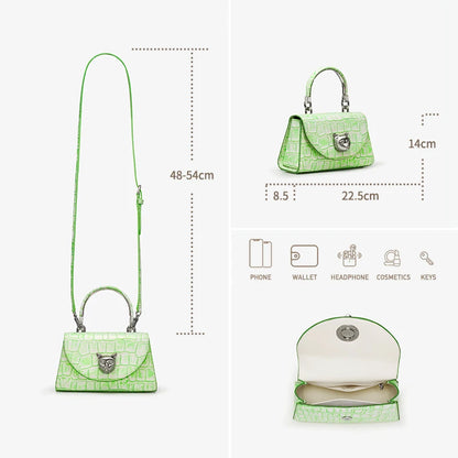 Damenhandtasche aus echtem Leder mit Krokoprägung, grün, Maße und Fächer-Icons