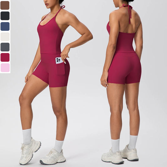 Yoga-Set für Damen, ärmelloses Top und kurze Leggings, weinrot