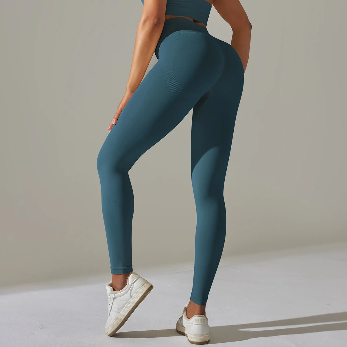 Nahtlose Yoga-Leggings mit hoher Taille, dunkel petrolblau, lange Beine, sportlich geschnitten