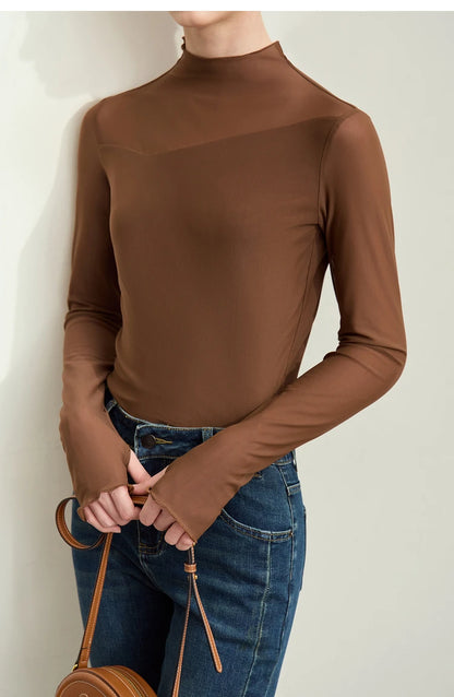 Damen Mesh-T-Shirt im minimalistischen Design mit halbhohem Ausschnitt