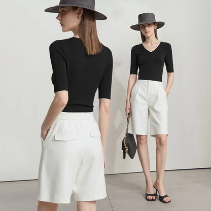 Damen V-Ausschnitt Pullover Viskose Halbarm Slim Büro Sommer