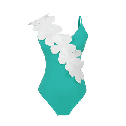 Damen Badeanzug Sarong 3D-Blumen tiefer V-Ausschnitt hoher Beinausschnitt