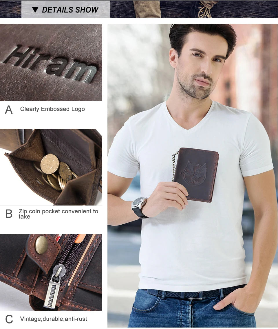 Herren Echtleder Geldbörse Trifold Metallkette RFID Kartenhalter Geldclip