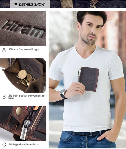 Herren Echtleder Geldbörse Trifold Metallkette RFID Kartenhalter Geldclip