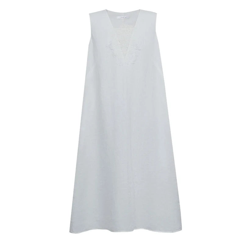 Elegantes Leinen Damenkleid Mit V-Ausschnitt Und Spitze