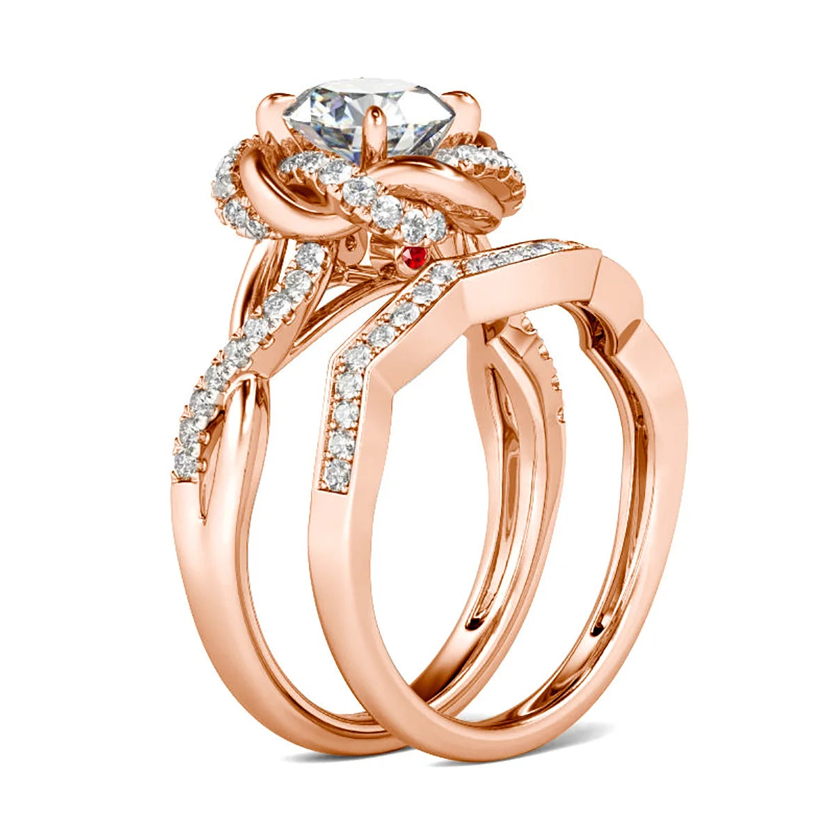 Damen-Ringe-Set aus 925 Sterling Silber mit Moissanit Steinchen und Blüten-Design für Verlobung und Hochzeit