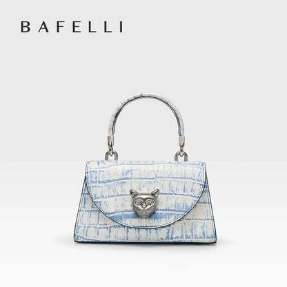 BAFELLI Damenhandtasche aus Leder, blau, Tragehenkel, Klappverschluss mit Katzen-Detail