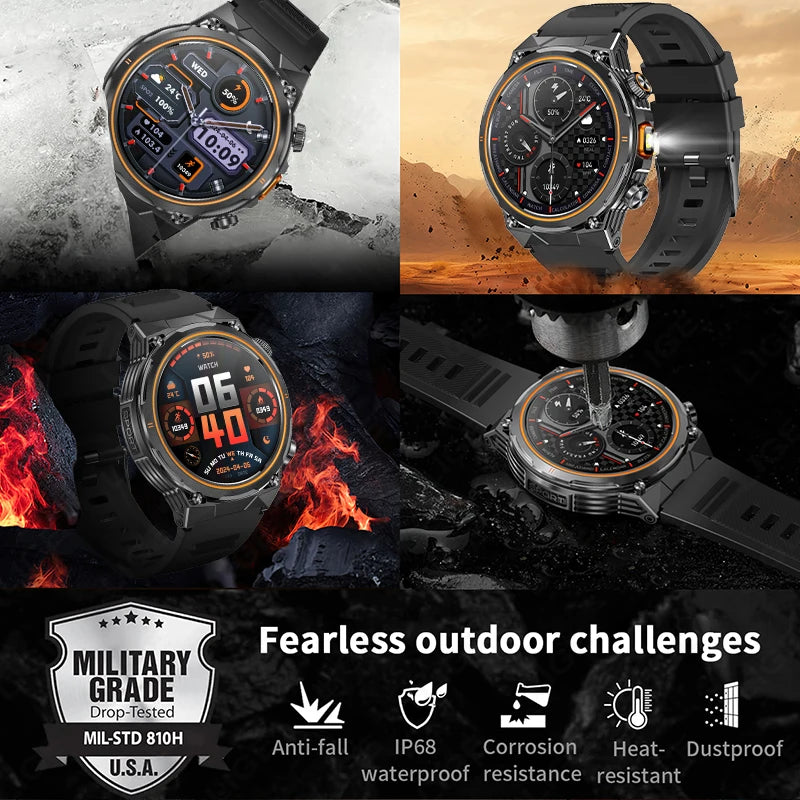 Männer Smartwatch mit Fitness Tracker und wasserdichter Taschenlampe für Outdoor Aktivitäten